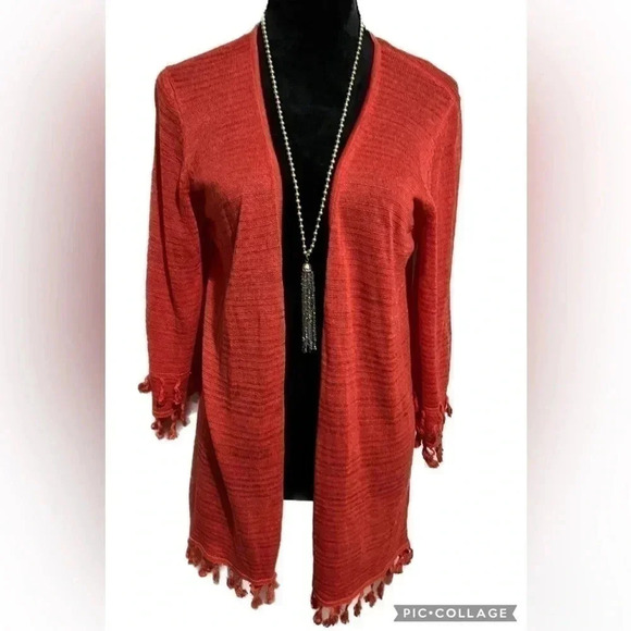 ZOZO Sweaters - ZOZO orange open front cardigan with tassels hem and cuff sz M